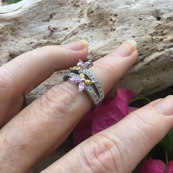 Solid Sterling Silver Cz Flower Ring Size 7 - Picture 6 of 7